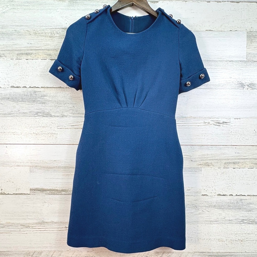 3.1 Phillip Lim Virgin Wool Silk Lined Dress Blue‎ Short Slv Silver Button Sz 2